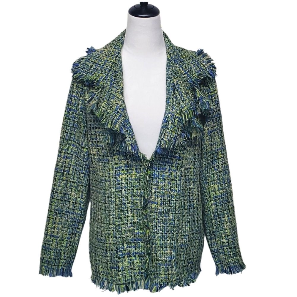 Dialogue Green Blue Tweed Fringe Jacket Ruffle Knit Blazer Coat Size Small
